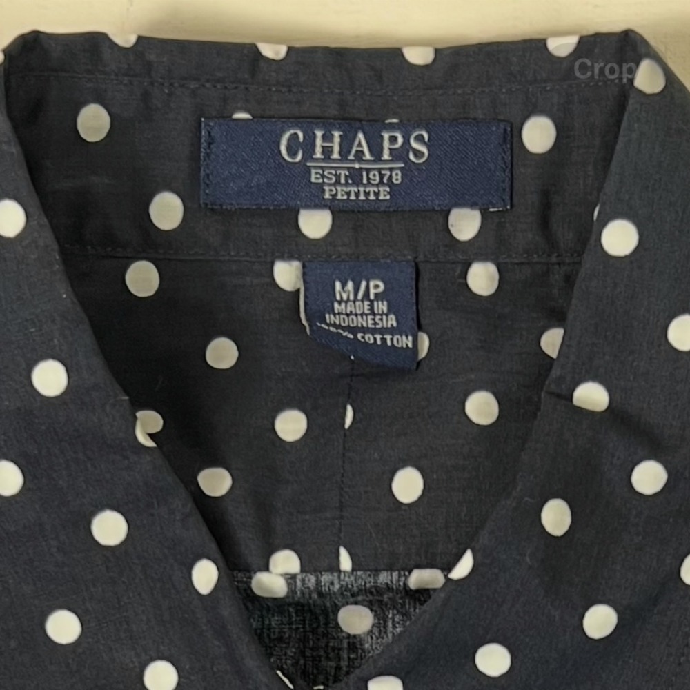 Chaps Womens Petite Polka Dot Button Down Shirt Long Sleeve Size MP Blue White‎ - Picture 3 of 9